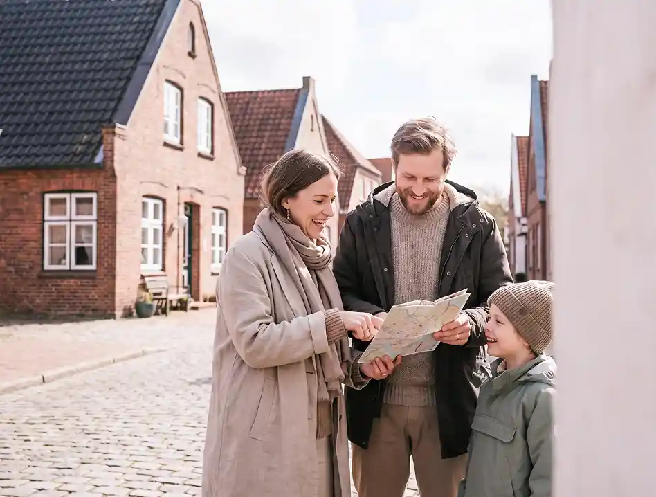 Family of three studying a map together on a sunny cobblestone street with brick houses in the background, dressed for cool weather.