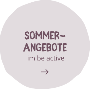 BE BIO Hotel be active Sommerangebote Stoerer Sommerangebote badge: 'SOMMER-ANGEBOTE' and 'im be active' with a right arrow on a pale circular background.